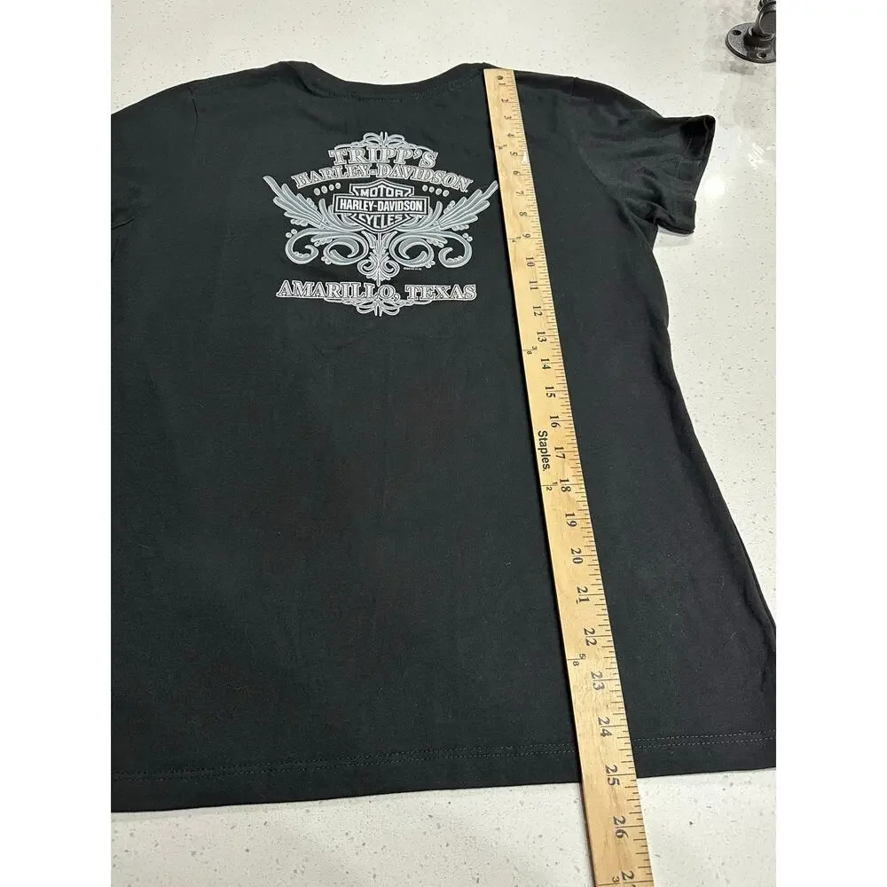 Harley Davidson Women’s T shirt Black Large Tripps Amarillo Texas Biker Chic - Picture 6 of 6